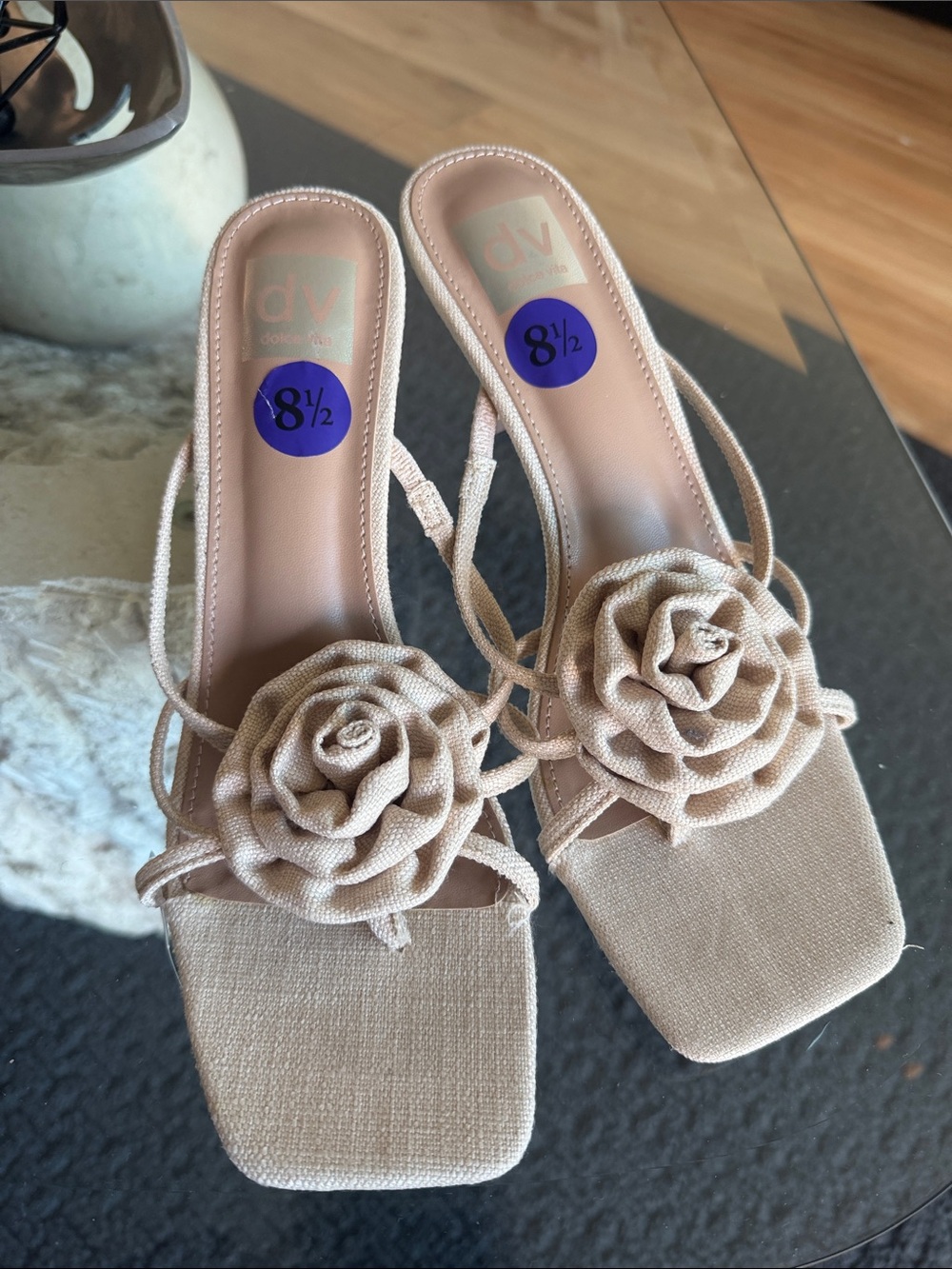 Dolce Vita Neutral Beige Floral Square-Toe Slide Sandals